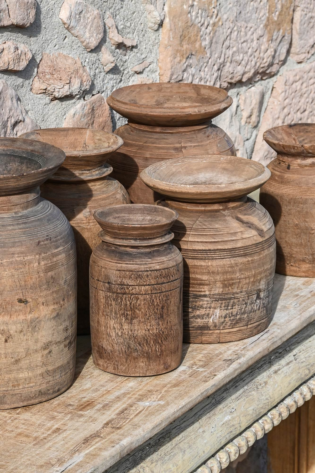 ANTIQUE WOOD VASE 29cm SET OF 2