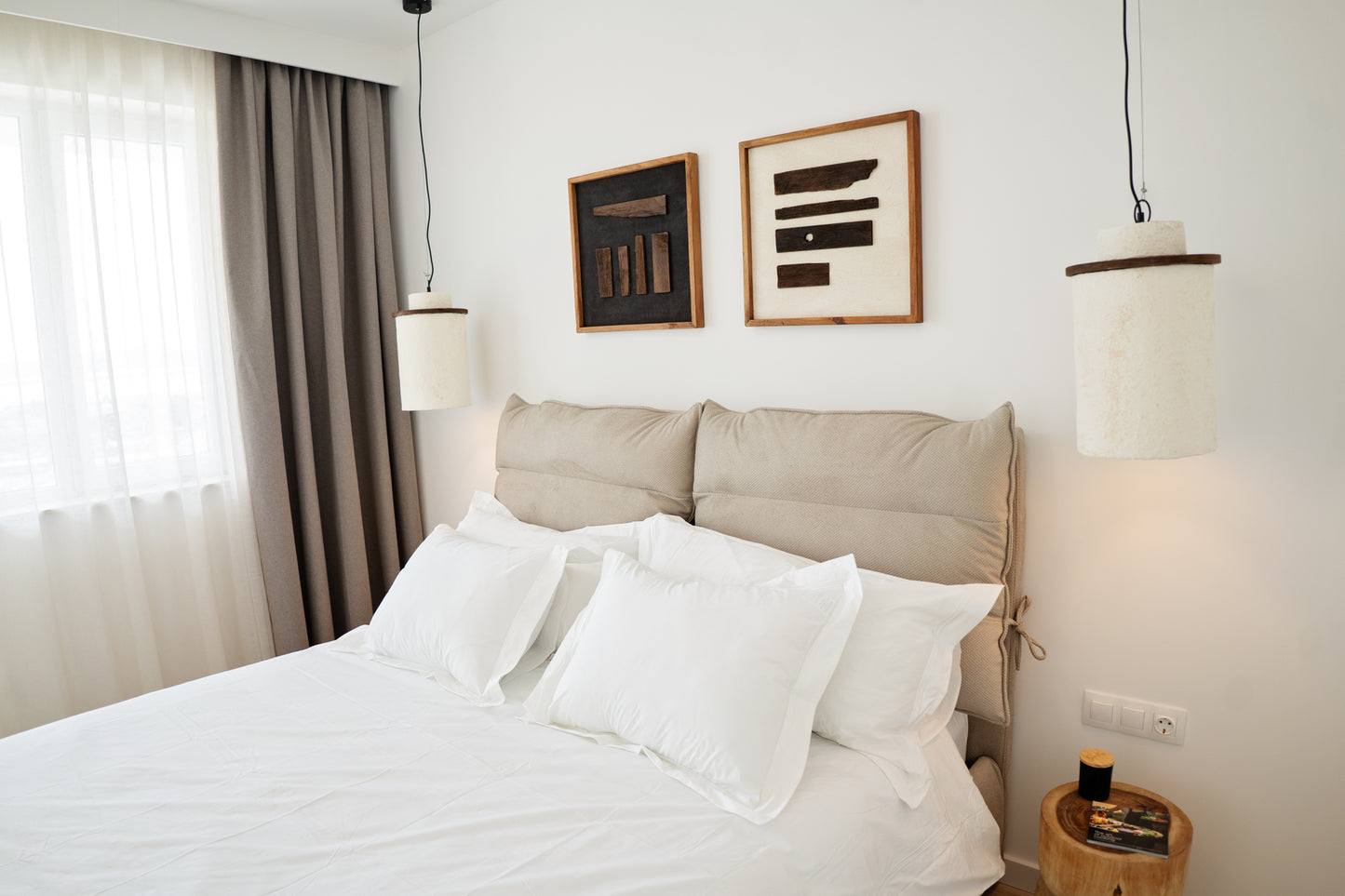LAMP FROM PAPIER MASHE IN BEIGE AND WOOD