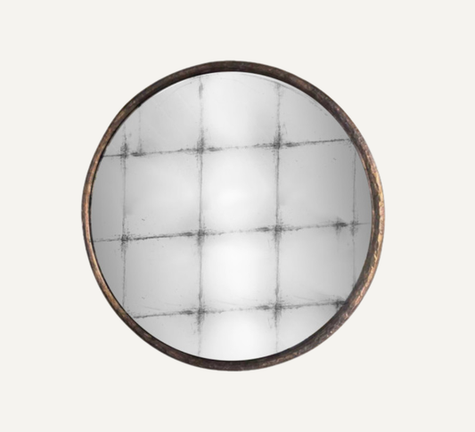 METAL AND GLASS ROUND MIRROR 80cm DISTRESSED SILVER