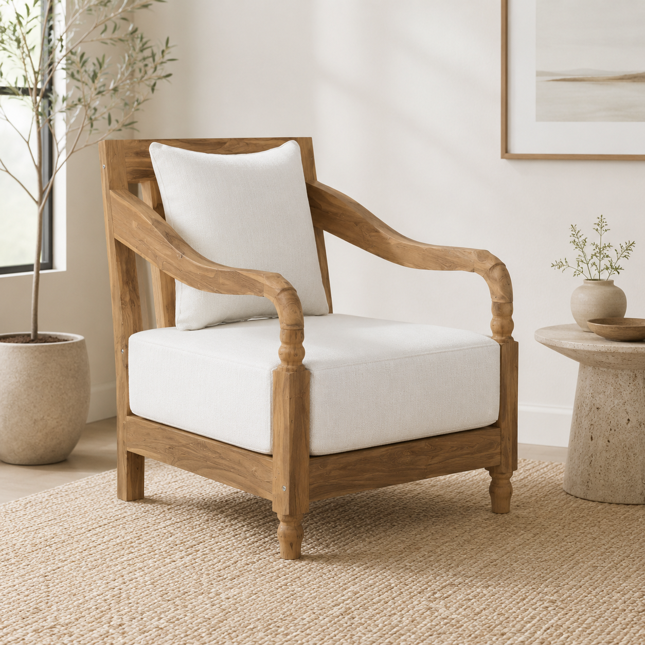 TEAK WOOD ARMCHAIR WITH CUSHION
