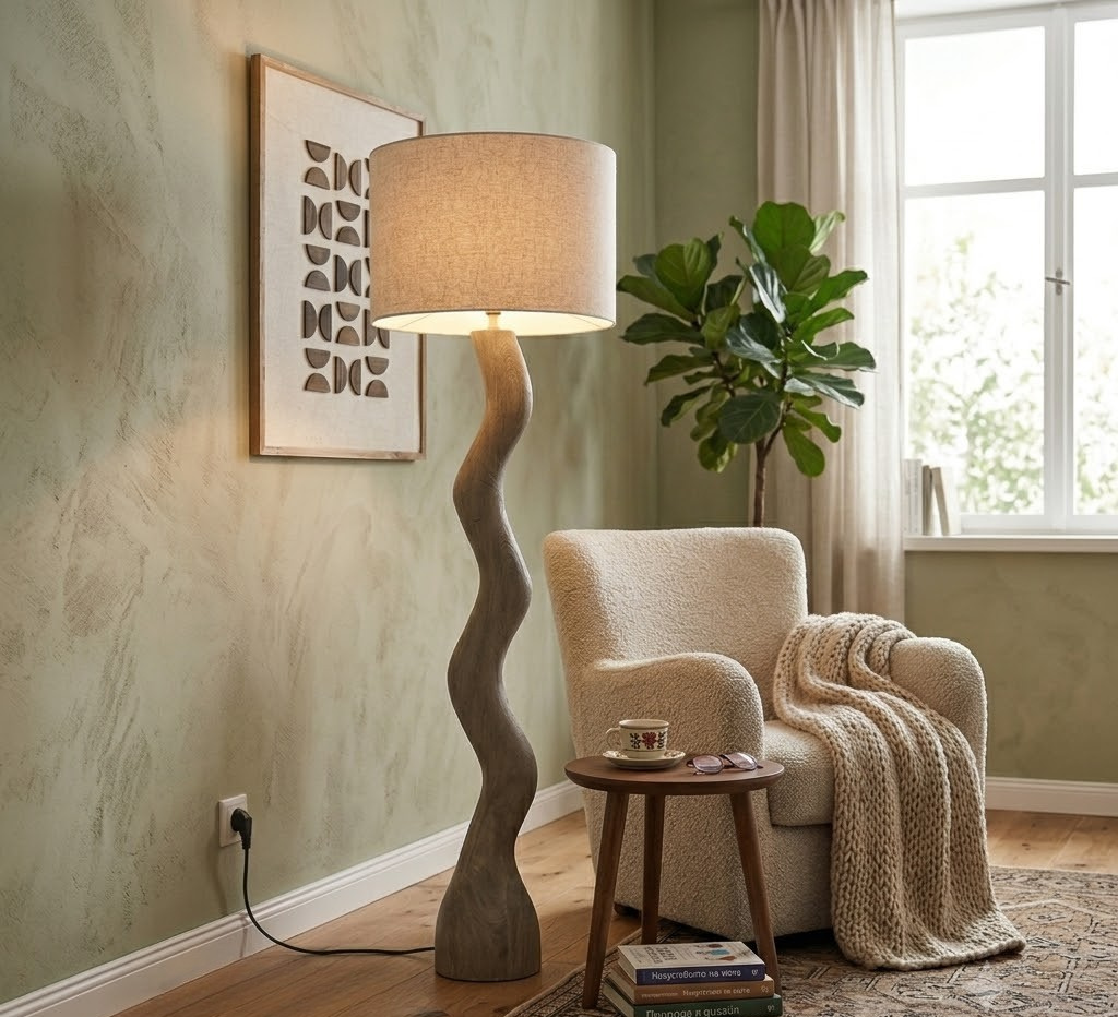 MANGO WOOD/LINEN FLOOR  LAMP