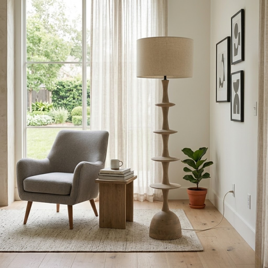 ПОДОВА ЛАМПА ОТ СКУЛПТУРНО МАНГОВО ДЪРВО И ЛЕН