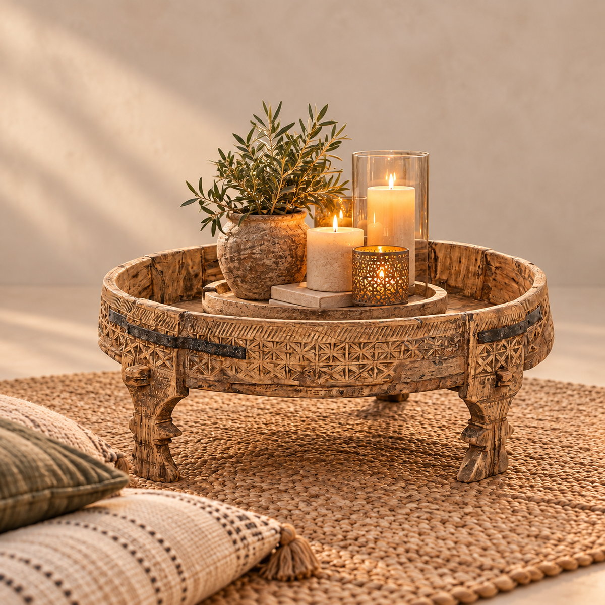 ROUND SOLID WOOD CARVED TABLE 76cm
