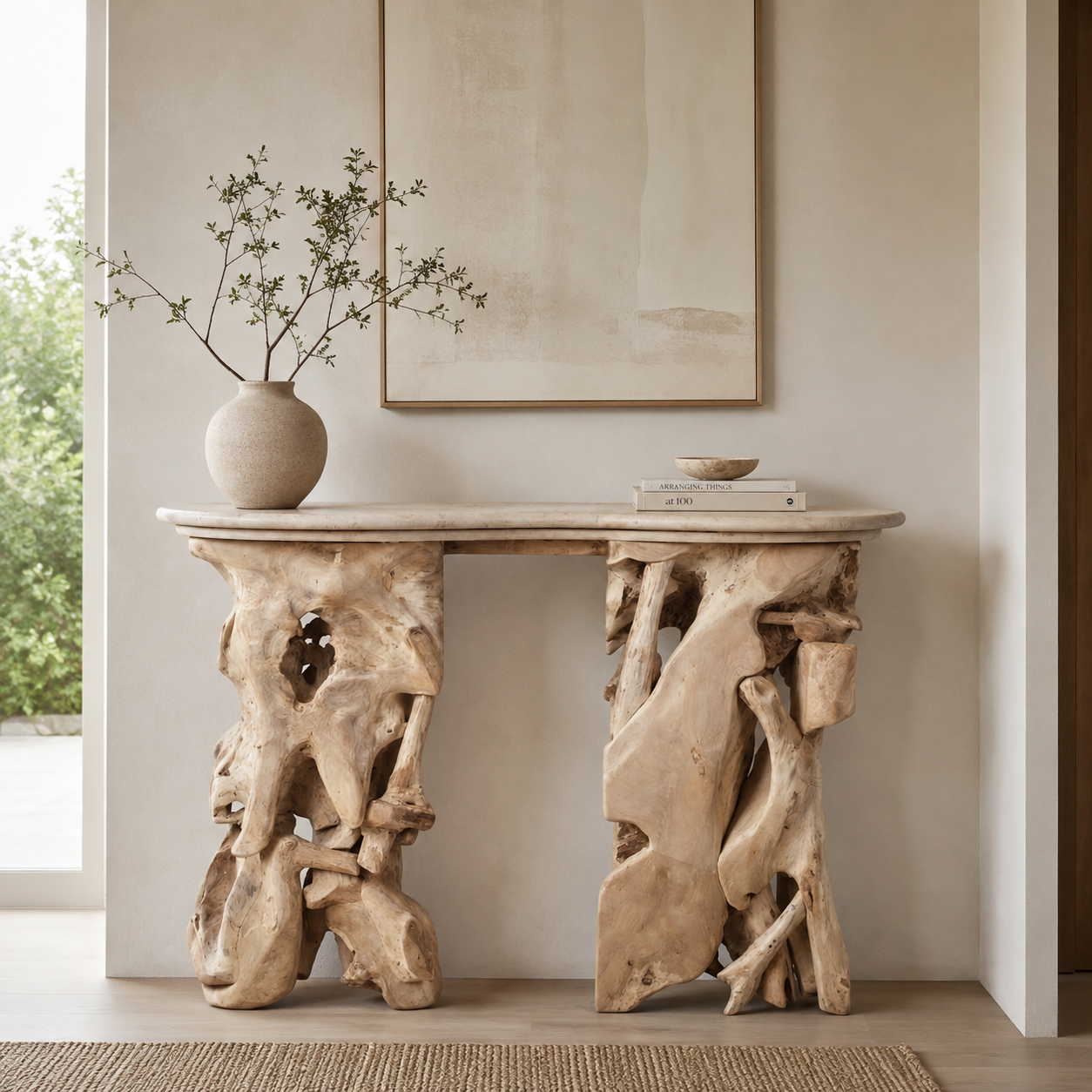 UNIQUE TEAK ROOT AND MARBLE CONSOLE TABLE