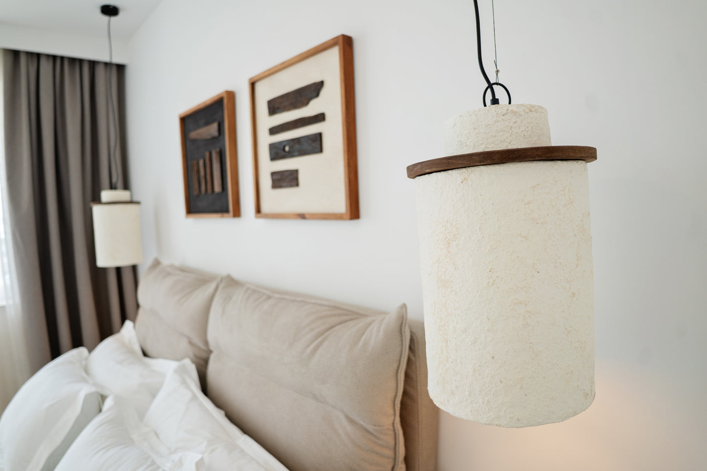 LAMP FROM PAPIER MASHE IN BEIGE AND WOOD